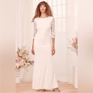 Lulus Adley White Lace Three-Quarter Backless Maxi Dress wedding bride Sz S